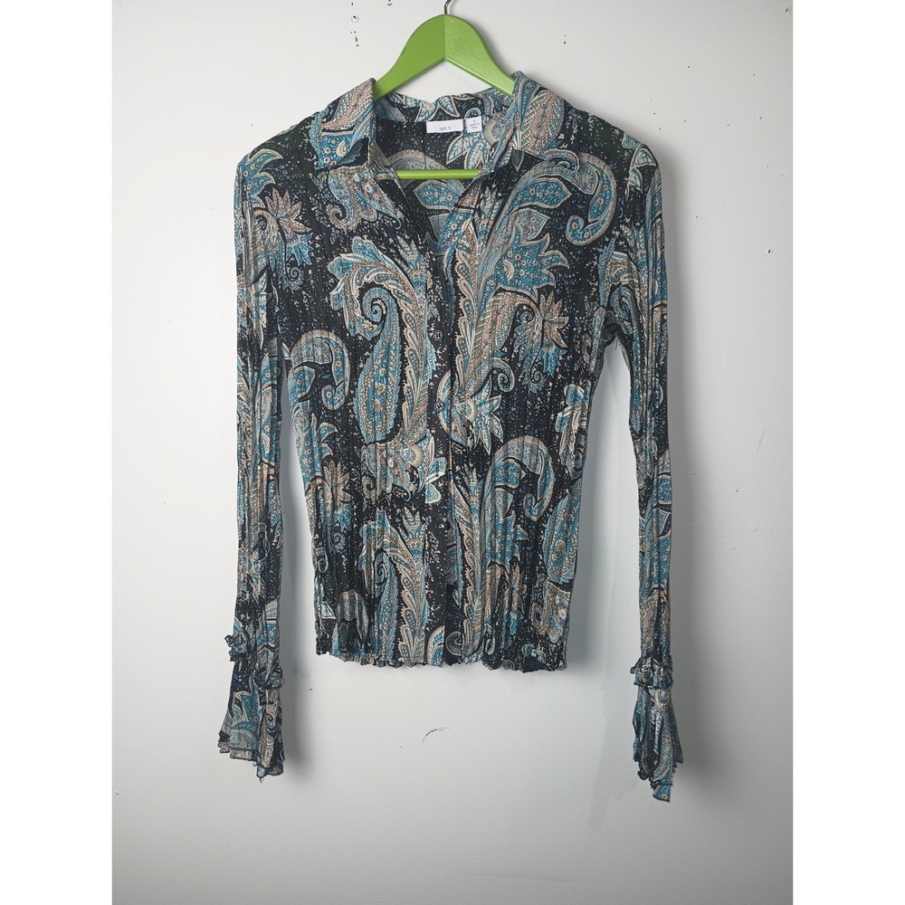 Apt. 9 Women Blue Paisley Crinkle Button Down Top Goth Fairy Ruffle Cuff Small